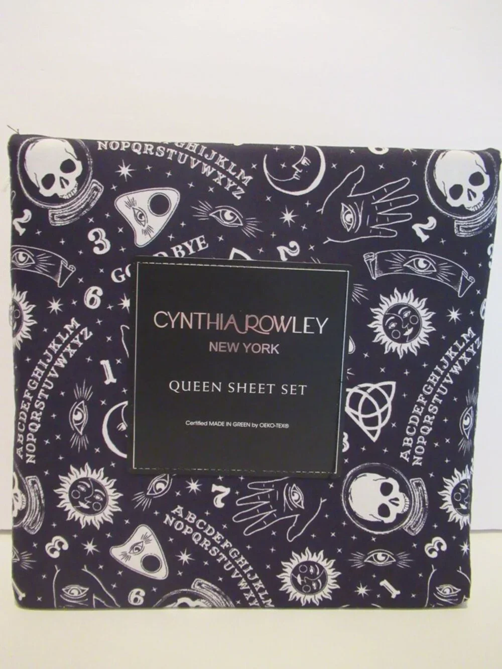 New Cynthia Rowley QUEEN Black Ouija Sheet Set Sun Stars Moon Skull Halloween